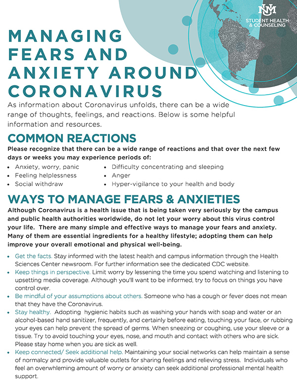 COVID Managing Fear: Get the facts, keep things in perspective, be mindful, stay healthy, etc.