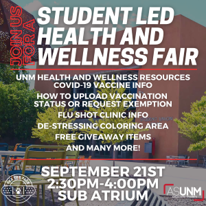 Student Led Health and Wellness Fair will be on September 21, 2021 at the SUB Atrium.