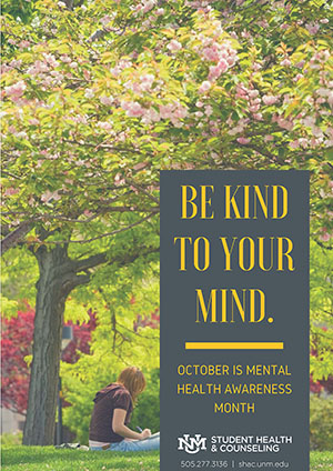 A student studies under a tree. Mental Health Awareness Month is in October. UNM Student Health and Counseling. Call 505-277-3136.