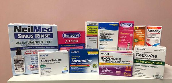 Pharmacy OTC items for allergies include sinus sprays and antihistamines.