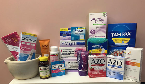 Sexual health OTC items include vaginal cream, Tampax, Pamprin, etc.