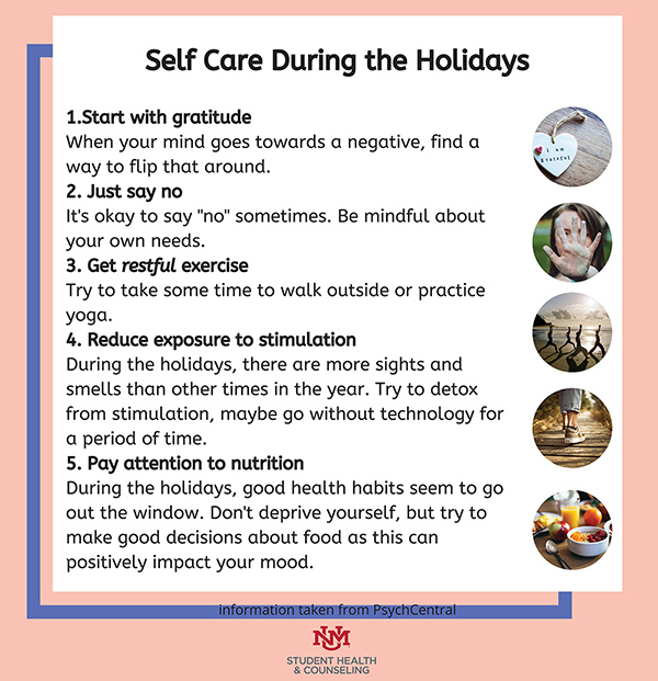 Holiday Tips. Be grateful. Just say no. Exercise. Reduce stimulation. Eat healthy.