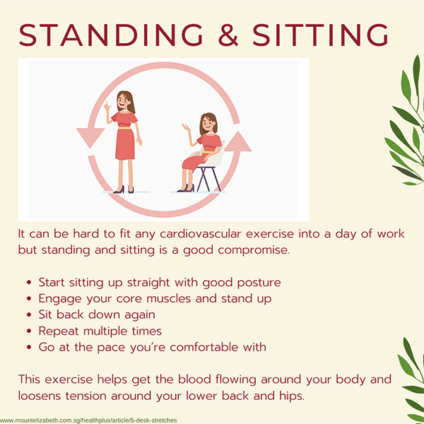 Standing and sitting exercise helps get the blood flowing around your body and loosens tension around lower back and hips.