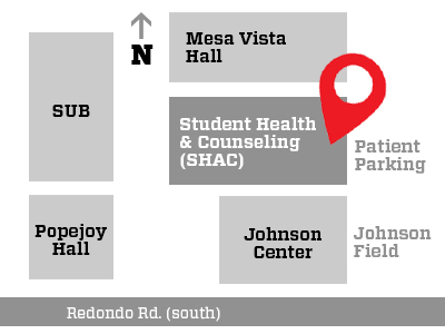 Map of where SHAC is located on Main Campus (north of Johnson Center and east of the SUB).