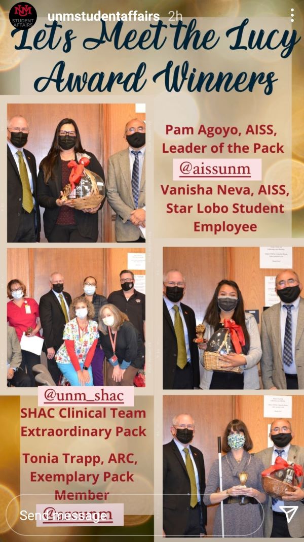 Lets meet the Lucy Award Winners. Multiple photos of SHAC clinical and administrative staff pose and hold Lucy awards. Photos of other UNM winners are also included.