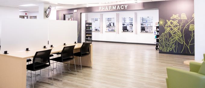SHAC Pharmacy lobby with chairs in waiting area.
