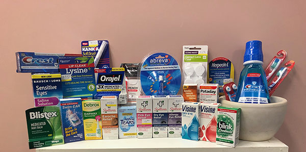 OTC items for ear, eye and mouth include tooth paste, eye drops, earache relief, etc.