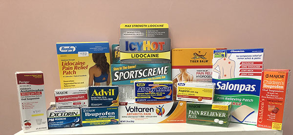 Pain and fever OTC items include pain creams, patches, and medications.