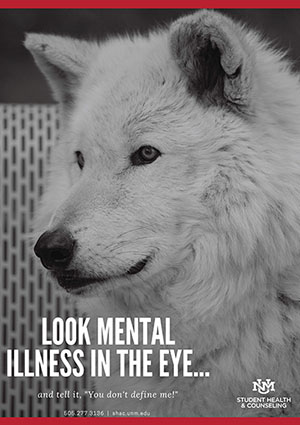 Look mental illness in the eye and tell it you don't define me. Image of a wolf.