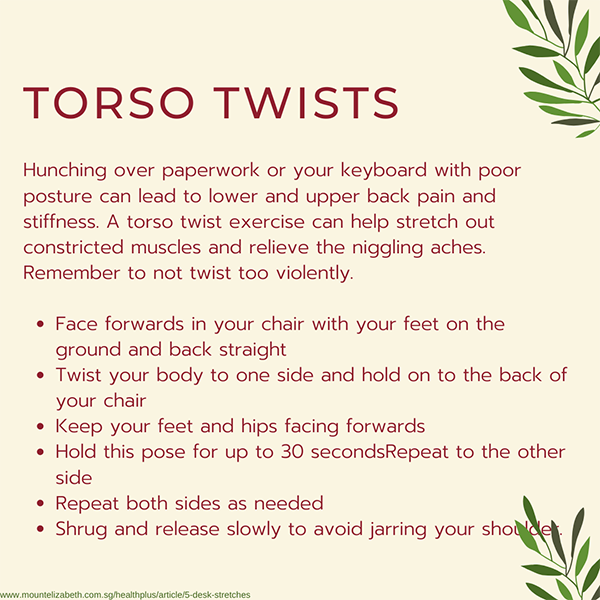 Torso twists can help stretch out constricted muscles and relieve nagging aches.