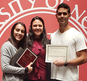 Leah Adent, Tiffany Martinez-Durant, and Ignacio Cordova pose together at the Student Employee Award Ceremony.