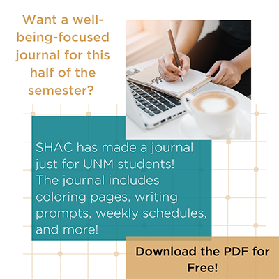 The SHAC well being journal includes coloring pages, writing prompts, weekly schedules, and more. Download PDF for free.